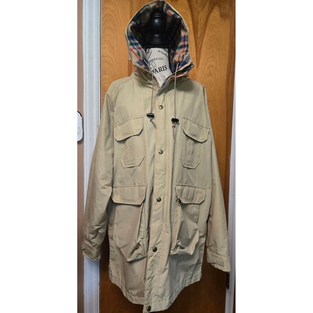 Vintage Woolrich Mens L Hooded Parka Jacket Wool Plaid Lined Made USA Tan Coat
